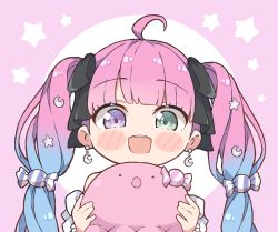Rule 34 | 1girl, blue hair, blush stickers, chibi, commentary, crescent, crescent earrings, earrings, english commentary, gradient hair, green eyes, heterochromia, highres, himemori luna, himemori luna (4th costume), hololive, jewelry, kukie-nyan, long hair, looking at viewer, multicolored hair, official alternate costume, official alternate hair length, official alternate hairstyle, pink hair, purple eyes, solo, twitter username, upper body, very long hair, virtual youtuber, wavy hair