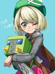 Rule 34 | 1girl, alternate eye color, alternate hair color, aqua background, backpack, bag, blonde hair, blush stickers, bob cut, brown bag, c.parfait, cable knit, cardigan, charjabug, closed mouth, commentary request, creatures (company), dress, eyelashes, game freak, gen 7 pokemon, gloria (pokemon), green eyes, green headwear, grey cardigan, hat, highres, holding, holding pokemon, hooded cardigan, nintendo, one eye closed, pink dress, pokemon, pokemon (creature), pokemon swsh, short hair, smile, tam o&#039; shanter