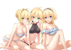 Rule 34 | absurdres, ahoge, arm support, artoria pendragon (all), artoria pendragon (fate), bikini, bikini skirt, black bikini, blonde hair, blush, braid, breasts, cleavage, collarbone, fate/grand order, fate (series), french braid, frilled bikini, frills, hair intakes, highres, jeanne d&#039;arc (fate), knee up, kneeling, large breasts, looking at viewer, medium breasts, navel, nero claudius (fate), nero claudius (fate) (all), o-ring, o-ring bikini, ruuto (pixiv26998067), saber (fate), simple background, sitting, smile, swimsuit