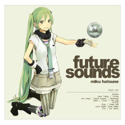 Rule 34 | album cover, aqua necktie, asymmetrical gloves, bad id, bad pixiv id, blouse, casual, casual, cover, disco ball, discoball, english text, fingerless gloves, gloves, green eyes, green hair, grey background, grey shirt, hand on own hip, hatsune miku, long hair, mismatched gloves, necktie, nil polish, pantyhose, pantyhose under shorts, shirt, shorts, solo, striped clothes, striped pantyhose, tie clip, vertical-striped clothes, vertical-striped pantyhose, very long hair, vocaloid, yoshito