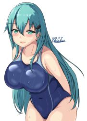 Rule 34 | 1girl, aqua eyes, aqua hair, arms behind back, blue one-piece swimsuit, breasts, competition swimsuit, covered navel, dated, hair between eyes, hair ornament, hairclip, highres, impossible clothes, impossible swimsuit, kantai collection, large breasts, long hair, looking at viewer, montemasa, one-piece swimsuit, simple background, solo, suzuya (kancolle), swimsuit, twitter username, two-tone swimsuit, wet, wet clothes, wet swimsuit, white background