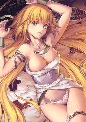 Rule 34 | 1girl, bare shoulders, bdsm, blonde hair, blue eyes, bondage, bound, breasts, chain, cleavage, crucifixion, cuffs, fate/apocrypha, fate/grand order, fate (series), highres, jeanne d&#039;arc (fate), jeanne d&#039;arc (ruler) (fate), long hair, md5 mismatch, no headwear, panties, parted lips, resolution mismatch, restrained, ruler (fate/grand order), solo, source larger, tsuki suigetsu, underwear, very long hair, white panties