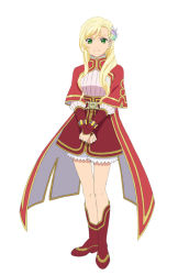 Rule 34 | 1girl, artist request, blonde hair, boots, capelet, closed mouth, full body, green eyes, hair ornament, knee boots, long hair, looking at viewer, mileena weiss, official art, red capelet, red footwear, red skirt, simple background, skirt, smile, solo, standing, tales of (series), tales of the rays, v arms, white background
