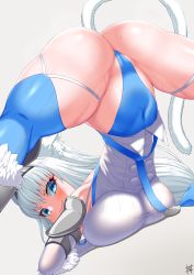 Rule 34 | 1girl, absurdres, animal ear fluff, animal ears, ass, bare shoulders, blue bow, blue eyes, blue leotard, blue ribbon, blue thighhighs, blush, bow, breasts, cat ears, cat girl, cat tail, closed mouth, covered navel, crotch, detached collar, detached sleeves, dobrynya nikitich (fate), fate/grand order, fate (series), flexible, fur trim, guriguri (arayotto4351), hair bow, hairband, highleg, highleg leotard, highres, jack-o&#039; challenge, large breasts, leotard, long hair, looking at viewer, looking back, low ponytail, ribbon, shirt, sleeveless, smile, spread legs, tail, thighhighs, thighs, top-down bottom-up, white hair, white shirt, wide spread legs