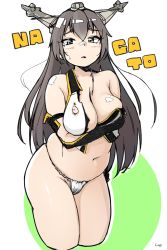 Rule 34 | 1girl, abstract background, belly, black gloves, blush, breasts, brown eyes, brown hair, character name, cleavage, commentary request, cropped legs, dot nose, elbow gloves, fundoshi, furrowed brow, gloves, hair between eyes, headgear, highres, japanese clothes, kantai collection, large breasts, long hair, looking at viewer, medium breasts, nagato (kancolle), navel, parted lips, plump, shigekikkusu, signature, skindentation, solo, sweatdrop, thighs, torn clothes
