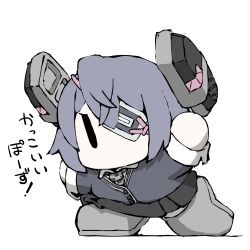 Rule 34 | 1girl, arms up, black cardigan, black skirt, cardigan, checkered necktie, chibi, commentary request, dress shirt, eyepatch, grey footwear, headgear, kantai collection, necktie, no mouth, purple hair, school uniform, shirt, shoes, short hair, simple background, skirt, solo, task (s task80), tenryuu (kancolle), uniform, white background, white shirt, | |