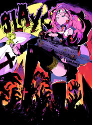 Rule 34 | 1girl, adapted costume, andrewcockroach, ass, bags under eyes, bandolier, battle rifle, black footwear, black sleeves, blue eyes, boots, breasts, bullet, cleavage, cleavage cutout, clothing cutout, cross, cross earrings, detached sleeves, disembodied hand, earrings, gun, habit, headband, highres, jewelry, large breasts, leg lift, long hair, nun, original, pink hair, rifle, scope, solo focus, stepped on, thigh boots, thighhighs, weapon