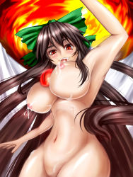 Rule 34 | 1girl, bad id, bad pixiv id, black hair, bow, breasts, female focus, groin, hair bow, highres, hip focus, lactation, large breasts, long hair, nipples, nude, open mouth, reiuji utsuho, smile, solo, touhou, untue, very long hair, wide hips