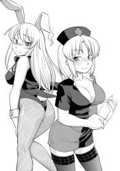 Rule 34 | &gt;:), 2girls, adapted costume, animal ears, ass, back-to-back, blush, breasts, cleavage, embarrassed, female focus, fishnet pantyhose, fishnets, from behind, greyscale, hand on thigh, hat, hinemosu notari, hip focus, leotard, long hair, looking at viewer, looking back, miniskirt, monochrome, multiple girls, naughty face, nose blush, nurse cap, pantyhose, parted bangs, playboy bunny, rabbit ears, rabbit girl, rabbit tail, reisen udongein inaba, simple background, skirt, skirt set, standing, sweatdrop, tail, tailcoat, thighhighs, touhou, v-shaped eyebrows, vest, wavy mouth, white background, white hair, wrist cuffs, yagokoro eirin, zettai ryouiki, zipper