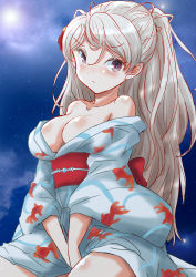 Rule 34 | 1girl, animal print, blue kimono, breasts, brown eyes, cleavage, commentary request, conte di cavour (kancolle), fish print, fuji (pixiv24804665), goldfish print, grey hair, highres, japanese clothes, kantai collection, kimono, large breasts, long hair, looking at viewer, night, night sky, sky, solo, two side up, yukata