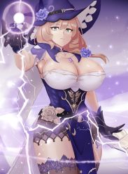 Rule 34 | 1ch, 1girl, areola slip, bad id, bad twitter id, black gloves, black legwear, book, breasts, brown hair, casting spell, cleavage, closed mouth, commentary request, dress, electricity, flower, genshin impact, gloves, green eyes, hat, hat belt, hat flower, highres, jewelry, lace, lace-trimmed legwear, lace trim, large breasts, lisa (genshin impact), multicolored clothes, multicolored dress, necklace, open book, outstretched arm, pelvic curtain, purple flower, purple hat, rose, spell, standing, witch hat