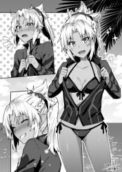 Rule 34 | 2017, bikini, blush, breasts, cleavage, closed eyes, comic, commentary request, dated, fate/grand order, fate (series), greyscale, grin, hair ornament, hair scrunchie, ikeshita moyuko, medium breasts, monochrome, mordred (fate), mordred (fate) (all), mordred (fate/apocrypha), mordred (swimsuit rider) (fate), mordred (swimsuit rider) (third ascension) (fate), ocean, open mouth, outdoors, ponytail, scrunchie, side-tie bikini bottom, smile, sparkle, swimsuit, tan, translation request, tree, twitter username, windbreaker