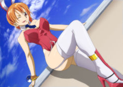 Rule 34 | 1girl, animal ears, ass, bare shoulders, bracelet, breasts, cleavage, cloud, fake animal ears, feet, garter straps, high heels, jewelry, kyabakurabakufu, large breasts, leg up, legs, looking at viewer, nami (one piece), naughty face, necktie, one eye closed, one piece, orange hair, playboy bunny, rabbit ears, red eyes, short hair, sky, smile, solo, standing, thighhighs, thighs, tongue, tongue out, wink