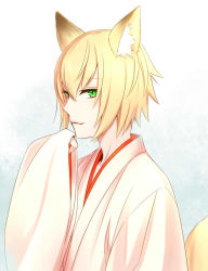 Rule 34 | 1boy, animal ears, blazblue, blonde hair, fox ears, fox tail, green eyes, japanese clothes, kisaragi jin, looking at viewer, male focus, potato (oriha94), simple background, smile, solo, tail