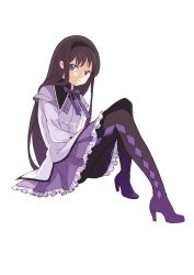 Rule 34 | 1girl, akemi homura, argyle, argyle clothes, argyle legwear, black hair, boots, capelet, chio kitsune, expressionless, frilled skirt, frills, full body, hairband, high heel boots, high heels, highres, invisible chair, long hair, long sleeves, looking away, mahou shoujo madoka magica, mahou shoujo madoka magica (anime), pantyhose, pleated skirt, purple eyes, purple ribbon, ribbon, shaded face, simple background, sitting, skirt, solo, white background