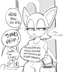 Rule 34 | 1girl, breasts, candy, clothes writing, commentary, cowboy shot, dbaruru, denim, doorway, english commentary, english text, food, furry, furry female, greyscale, halloween, highres, jeans, large breasts, monochrome, pants, rouge the bat, sega, shirt, sketch, sonic (series), speech bubble, t-shirt, trick-or-treating