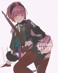 Rule 34 | 1girl, arm support, artist name, ass, blue eyes, bolt action, bullet, carcano, carcano m91/38 (girls&#039; frontline), girls&#039; frontline, gloves, gun, highres, holding, holding weapon, kneeling, looking at viewer, military, phonograph, purple hair, rifle, sakura (1723231388), sketch, solo, tears, thighhighs, torn clothes, torn thighhighs, uniform, weapon, white background