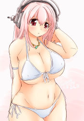 Rule 34 | 1girl, arm up, bare shoulders, bikini, breasts, cleavage, curvy, dated, headphones, huge breasts, jewelry, long hair, mikomu, navel, necklace, nitroplus, pink hair, red eyes, solo, super sonico, swimsuit, white bikini, wide hips