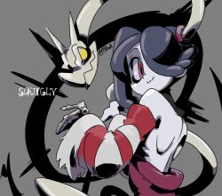Rule 34 | 1girl, 770mk, blue hair, character name, colored skin, grey background, grey skin, looking at viewer, looking back, shoulder blades, side ponytail, skeletal arm, skullgirls, smile, solo, squigly (skullgirls), stitched mouth, stitches, striped sleeves, zombie