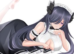 Rule 34 | 1girl, absurdres, august von parseval (azur lane), august von parseval (the conquered unhulde) (azur lane), azur lane, black dress, breasts, center opening, curled horns, dress, hair over one eye, highres, horns, large breasts, long hair, looking at viewer, mechanical horns, mr2ran, no shoes, official alternate costume, purple eyes, purple hair, simple background, sleeveless, soles, solo, two-tone dress, white background, white dress, white legwear