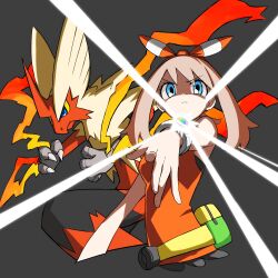 Rule 34 | 1girl, bag, blaziken, blue eyes, bracelet, breasts, brown hair, claws, creatures (company), cropped legs, fanny pack, fire, game freak, gen 3 pokemon, hair between eyes, hairband, highres, jewelry, looking at viewer, may (pokemon), mega blaziken, mega pokemon, mega stone, nintendo, pokemon, pokemon (creature), pokemon oras, red shirt, shirt, simple background, sleeveless, sleeveless shirt, small breasts, yachima tana