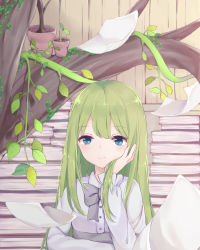 Rule 34 | 1girl, blue eyes, blush, bow, closed mouth, green hair, grey bow, highres, long hair, long sleeves, looking away, original, paper, plant, potted plant, shiroraku, solo, tree, vines
