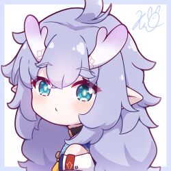 Rule 34 | 1girl, antenna hair, bailu (honkai: star rail), blue eyes, braid, chinese clothes, commentary, dragon, dragon girl, dragon horns, eastern dragon, english commentary, hair between eyes, highres, honkai: star rail, honkai (series), horns, kurotofu, long hair, long sleeves, looking at viewer, low twintails, pointy ears, portrait, purple hair, sidelocks, signature, simple background, solo, twin braids, twintails, wavy hair