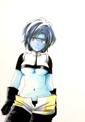 Rule 34 | 1girl, absurdres, black leggings, blue hair, blue skin, boku no hero academia, breasts, bubble girl (boku no hero academia), colored skin, commentary, cowboy shot, crop top, diving mask, gloves, goggles, highres, leggings, leggings under shorts, light frown, looking to the side, marker (medium), marumo 516, medium breasts, midriff, navel, pantyhose, short hair, short sleeves, shorts, simple background, solo, standing, traditional media, underboob, white background, yellow eyes, zipper pull tab
