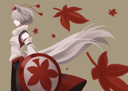 Rule 34 | 1girl, animal ears, autumn leaves, bare shoulders, breasts, detached sleeves, closed eyes, grey background, hat, inubashiri momiji, leaf, light smile, pom pom (clothes), rapuka, shield, short hair, silver hair, solo, tail, tokin hat, touhou, wolf ears, wolf tail