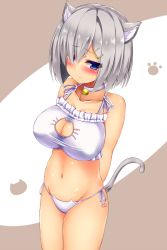 Rule 34 | 10s, 1girl, animal ears, arms behind back, bell, blue eyes, blush, bra, breasts, cat cutout, cat ear panties, cat ears, cat lingerie, cat tail, choker, cleavage, cleavage cutout, clothing cutout, hair ornament, hair over one eye, hairclip, hamakaze (kancolle), jingle bell, kantai collection, large breasts, looking at viewer, meme attire, navel, panties, short hair, side-tie panties, silver hair, solo, tail, underwear, underwear only, white bra, white panties, yahiro (anhnw)