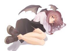 Rule 34 | 1girl, absurdres, bat wings, black skirt, black vest, bloom, blush, breasts, closed mouth, commentary request, crossed ankles, full body, head wings, highres, koakuma, long hair, looking at viewer, lying, medium breasts, mouryou (chimimouryou), no socks, on side, purple eyes, purple hair, shadow, shoes, simple background, skirt, smile, solo, swept bangs, touhou, very long hair, vest, white background, wings
