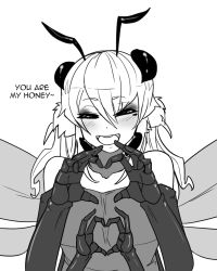 Rule 34 | :d, antennae, arthropod girl, bee girl, blush, caption, dress, english text, extra arms, extra eyes, closed eyes, facing viewer, greyscale, happy, heart, heart hands, insect girl, insect wings, less, long hair, monochrome, monster girl, multiple wings, open mouth, smile, upper body, wings