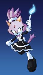 Rule 34 | 1girl, absurdres, animal ears, back bow, black footwear, blaze the cat, bow, cat ears, cat girl, cat tail, clenched hand, fire, furry, furry female, gloves, highres, maid, maid headdress, novika, ponytail, purple fur, sonic (series), tail, white gloves, yellow eyes