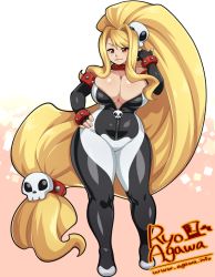 Rule 34 | 1girl, absurdly long hair, agawa ryou, artist name, blonde hair, bodysuit, breasts, cleavage, collar, curvy, fingerless gloves, full body, gigantic breasts, gloves, hand on own hip, high ponytail, light smile, long hair, looking at viewer, low-tied long hair, plump, ponytail, red eyes, smile, solo, standing, thick thighs, thighs, very long hair, watermark, web address, wide hips