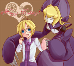 Rule 34 | 1boy, 1girl, ahoge, android, arc system works, blazblue, blazblue: calamity trigger, blonde hair, blue eyes, blush, carl clover, child, claws, cookie, earrings, food, gears, glasses, gloves, happy birthday, headdress, jewelry, long arms, nirvana (blazblue), robot, single earring, white eyes