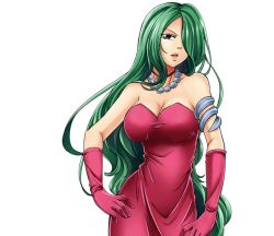 Rule 34 | 1girl, bare shoulders, breasts, cleavage, dress, gloves, green eyes, green hair, hair over one eye, large breasts, long hair, matching hair/eyes, official art, rave, red dress, reina (rave)