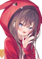 Rule 34 | 1girl, :d, animal ears, animal hood, blue eyes, bow, brown hair, collared shirt, commentary request, fake animal ears, hand up, highres, hood, hood up, hooded jacket, hoshi (snacherubi), jacket, long hair, long sleeves, looking at viewer, open mouth, original, red bow, red jacket, shirt, simple background, smile, solo, star-shaped pupils, star (symbol), symbol-shaped pupils, white background, white shirt