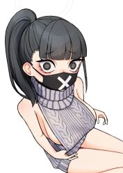 Rule 34 | 1girl, 28 (282teeth), absurdres, alternate costume, black eyes, black hair, black mask, blue archive, breasts, from above, grey sweater, halo, highres, large breasts, long hair, looking at viewer, mask, meme attire, mouth mask, ponytail, sideboob, simple background, solo, sukeban (smg) (blue archive), surgical mask, sweater, virgin killer sweater, white background