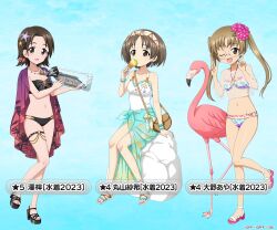Rule 34 | 3girls, ;d, bag, bikini, bird, black bikini, black footwear, blue background, bottle, bow, bow bikini, brown eyes, brown hair, carrying, character name, commentary request, earrings, eating, flamingo, flower, food, girls und panzer, girls und panzer senshadou daisakusen!, green sarong, hair flower, hair ornament, hairband, halterneck, handbag, high heels, holding, holding bottle, holding food, ice cream cone, jewelry, leg up, long hair, looking at viewer, looking to the side, mark iv tank, maruyama saki, military vehicle, motor vehicle, multi-strapped bikini, multicolored bikini, multicolored clothes, multiple girls, navel, necklace, o-ring, o-ring bikini, official alternate costume, official art, one-piece swimsuit, one eye closed, oono aya, open mouth, parted bangs, pink footwear, rimless eyewear, rock, round eyewear, sandals, sarong, sawa azusa, see-through, shawl, ship in a bottle, short hair, sitting, smile, standing, standing on one leg, star (symbol), star hair ornament, strapless, strapless bikini, swimsuit, swimsuit cover-up, tank, thigh strap, translated, twintails, v, watermark, white hairband, white one-piece swimsuit