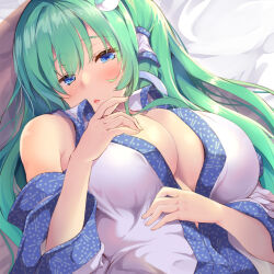 Rule 34 | 1girl, bare shoulders, blue eyes, blush, breasts, cleavage, detached sleeves, frog hair ornament, green hair, hair ornament, hair tubes, japanese clothes, kochiya sanae, large breasts, light blush, long hair, looking at viewer, masa (miyabitei), miko, open clothes, open mouth, shirt, solo, touhou
