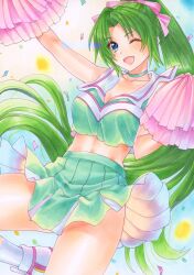 Rule 34 | 1girl, bare shoulders, blue eyes, blush, breasts, cheerleader, crop top, green eyes, green hair, hachi78b, highres, higurashi no naku koro ni, holding, holding pom poms, large breasts, long hair, looking at viewer, midriff, miniskirt, navel, necktie, one eye closed, open mouth, pleated skirt, pom pom (cheerleading), pom poms, ponytail, shirt, skirt, sleeveless, smile, solo, sonozaki mion, stomach, thighs, wink