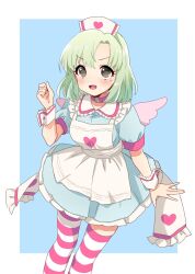 Rule 34 | 1girl, apron, blue background, blue dress, blush, border, breasts, clenched hand, cosplay, cowboy shot, dot nose, dress, fake wings, green hair, grey eyes, hand up, hat, heart, heart print, highres, idolmaster, idolmaster (classic), idolmaster starlit season, idolmaster stella stage, looking at viewer, medium breasts, mole, mole under eye, nurse cap, open mouth, outside border, pink thighhighs, shiika (idolmaster), short hair, short sleeves, simple background, smile, solo, standing, striped clothes, striped thighhighs, sukoyaka (100hituzi), thighhighs, v-shaped eyebrows, white apron, white border, white wrist cuffs, wings, wrist cuffs, yumemi riamu, yumemi riamu (cosplay)