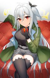 Rule 34 | 1girl, absurdres, ahoge, apple, arknights, bitten apple, black gloves, black shirt, black thighhighs, commentary request, crossed legs, food, food bite, fruit, gloves, green jacket, grey hair, grey shorts, highres, holding, holding food, holding fruit, jacket, k@bu, long hair, long sleeves, looking at viewer, official alternate costume, one side up, open clothes, open jacket, red apple, red eyes, shirt, shorts, sitting, skadi (arknights), skadi (the next afternoon tea) (arknights), solo, thighhighs, zettai ryouiki