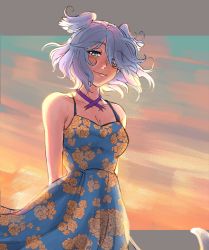 Rule 34 | 1girl, absurdres, arms behind back, bee (flakesnpie), blue dress, blue eyes, blue hair, breasts, cleavage, cowboy shot, dress, elira pendora, floral print, from below, hair over one eye, hair ribbon, head wings, highres, letterboxed, looking at viewer, medium breasts, nijisanji, nijisanji en, purple ribbon, ribbon, smile, solo, sundress, sunset, virtual youtuber, wings