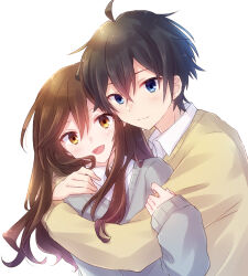 Rule 34 | :d, ahoge, black hair, blue eyes, blush, brown hair, closed mouth, collared shirt, commentary, couple, grey sweater, hand on another&#039;s arm, hand on another&#039;s shoulder, hetero, highres, hori-san to miyamura-kun, hori kyouko, hug, long hair, long sleeves, looking at viewer, miyamura izumi, nyaa (nnekoron), open mouth, orange eyes, school uniform, shirt, short hair, simple background, smile, sweater, white background