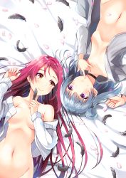 Rule 34 | 10s, 2girls, bed sheet, black feathers, blush, breasts, brown eyes, cardigan, choker, cleavage, collarbone, feathers, from above, grey sweater, groin, hair between eyes, holding, holding feather, long hair, love live!, love live! sunshine!!, medium breasts, multiple girls, navel, no bra, open cardigan, open clothes, open mouth, petals, purple eyes, red hair, sakurauchi riko, small breasts, smile, sweater, syuurin, tsushima yoshiko, underboob, very long hair, white sweater