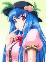 Rule 34 | 1girl, blue eyes, blue hair, blush, bow, dress, female focus, finger to mouth, flower, gradient background, hair flower, hair ornament, hat, hinanawi tenshi, lens flare, long hair, looking at viewer, matching hair/eyes, nori tamago, red eyes, solo, touhou, upper body