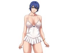 Rule 34 | 10s, 1girl, asagiri sachie, bare shoulders, blue hair, breasts, collarbone, female focus, game cg, gluteal fold, green eyes, large breasts, legs, lingerie, looking at viewer, nipples, panties, see-through, sei shoujo, short hair, smile, solo, standing, starless, thighs, transparent background, underwear, white background, will (company)