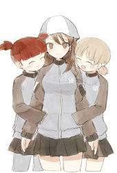 Rule 34 | 3girls, aki (girls und panzer), arm grab, blue headwear, blue pants, blunt bangs, brown eyes, brown hair, closed eyes, closed mouth, commentary, cropped legs, facing another, girls und panzer, hair tie, hat, keizoku military uniform, light brown hair, long hair, looking at viewer, low twintails, mika (girls und panzer), mikko (girls und panzer), multiple girls, open mouth, pants, pants under skirt, red hair, ri (qrcode), short hair, short twintails, simple background, sketch, smile, standing, track pants, tulip hat, twintails, white background