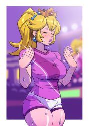 Rule 34 | 1girl, blonde hair, blurry, blurry background, blush, border, breasts, closed eyes, crown, dripping, fanning self, gigaslime, hair ornament, hair scrunchie, highres, large breasts, lips, mario, mario (series), mario strikers: battle league, motion blur, nintendo, parted lips, ponytail, princess peach, scrunchie, shiny skin, short shorts, short sleeves, shorts, sidelocks, soccer uniform, sportswear, strikers peach, sweat, thick thighs, thighs, white border